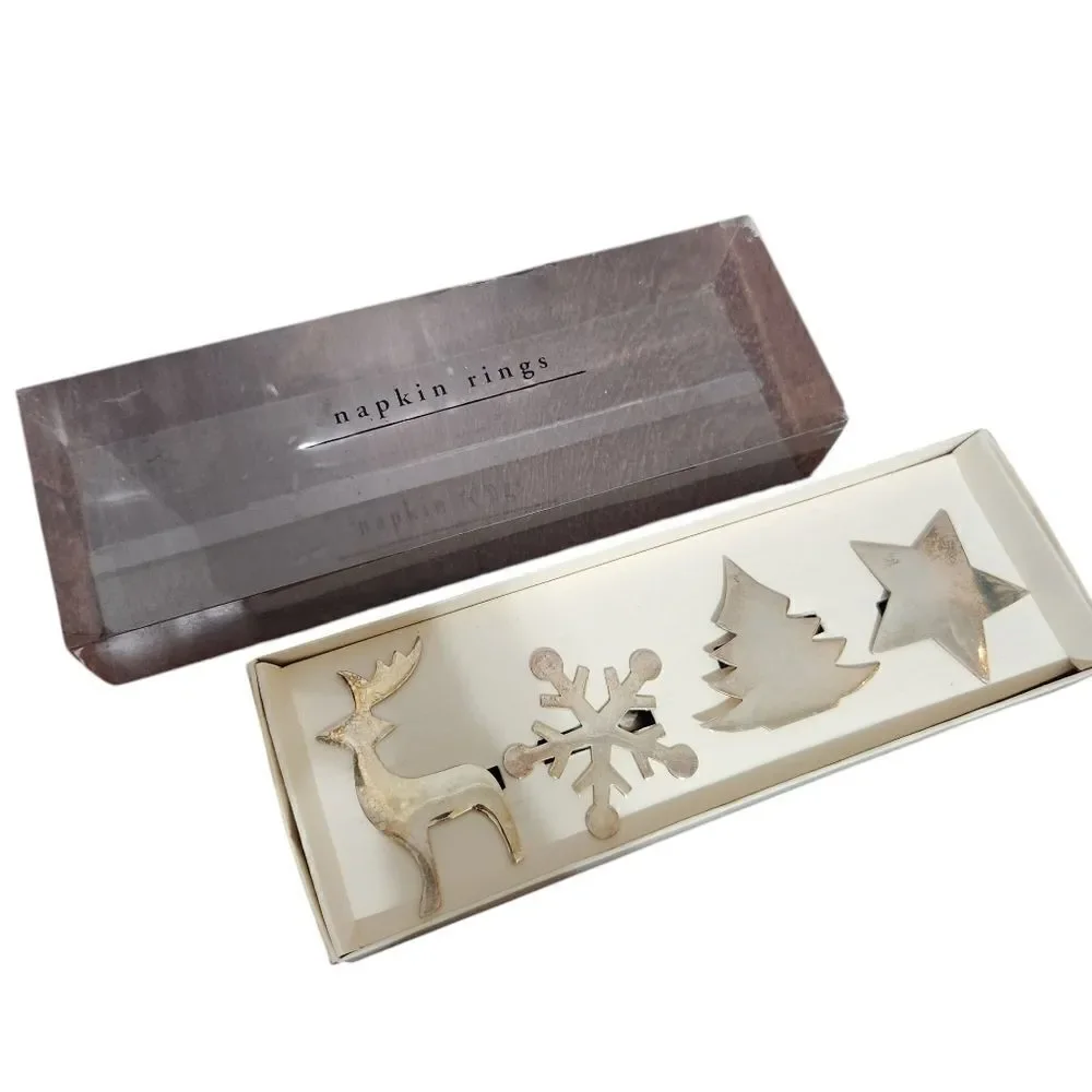 Vtg Pier 1 Imports Napkin Rings Silver Plated Set of 4 Christmas Tree Star India